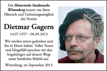 Traueranzeige von Dietmar Gagern von Super Sonntag Wittenberg