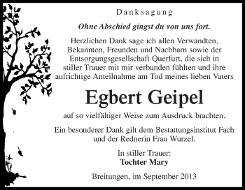 Traueranzeige von Egbert Geipel von WVG - Wochenspiegel Merseburg