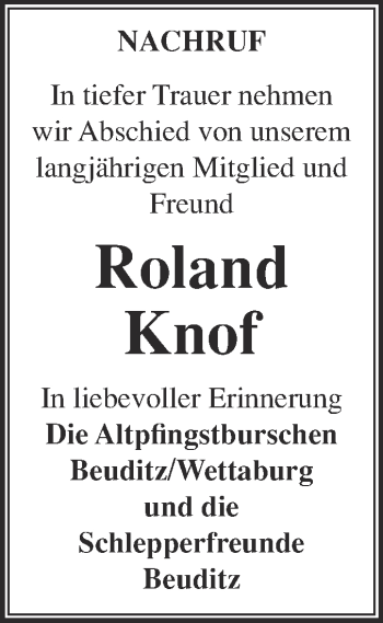 Traueranzeige von Roland Knof von WVG - Wochenspiegel NMB / WSF / ZTZ