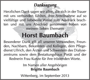 Traueranzeige von Horst Baumbach von Super Sonntag Wittenberg