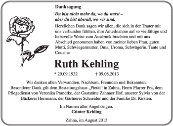 Traueranzeige von Ruth Kehling von Super Sonntag Wittenberg