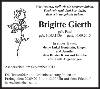 Traueranzeige von Brigitte Gierth von Super Sonntag Aschersleben