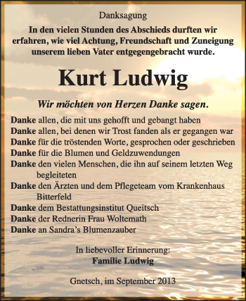 Traueranzeige von Kurt Ludwig von Super Sonntag Dessau / Köthen