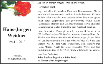 Traueranzeige von Hans-Jürgen Weidner von WVG - Wochenspiegel NMB / WSF / ZTZ