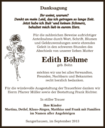 Traueranzeige von Edith Böhme von Super Sonntag SGH Mansf. Land