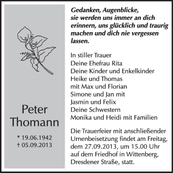 Traueranzeige von Peter Thomann von WVG - Wochenspiegel Wittenberg