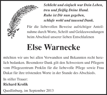 Traueranzeige von Else Warnecke von WVG - Wochenspiegel Quedlinburg