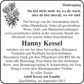 Traueranzeige von Hanny Kessel von WVG - Wochenspiegel Quedlinburg