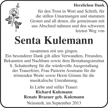Traueranzeige von Senta Kulemann von WVG - Wochenspiegel Quedlinburg