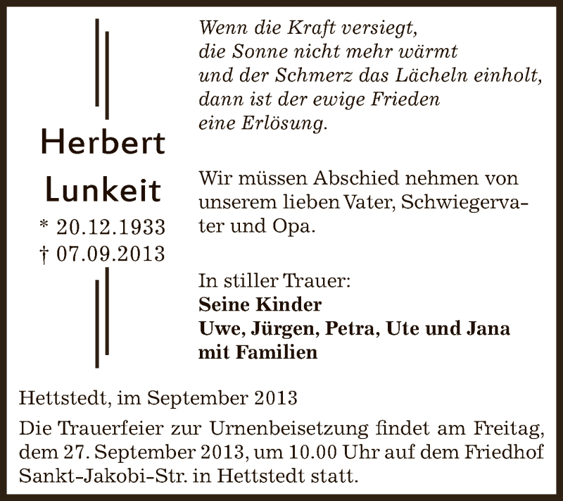  Traueranzeige für Herbert Lunkeit vom 15.09.2013 aus Super Sonntag SGH Mansf. Land