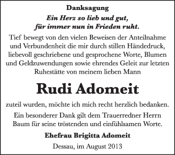 Traueranzeige von Rudi Adomeit von Super Sonntag Dessau / Köthen