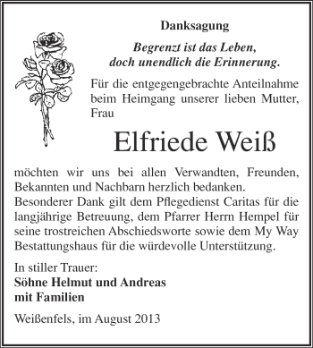 Traueranzeige von Elfriede Weiß von Super Sonntag Merseburg