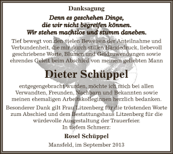 Traueranzeige von Dieter Schüppel von Wochenspiegel Mansfelder Land