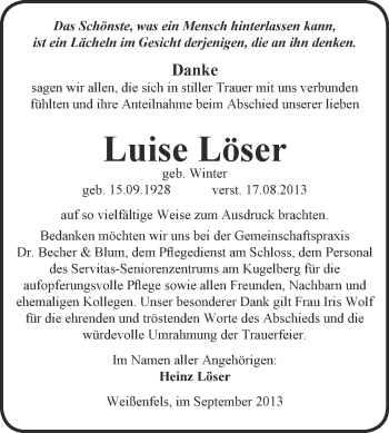 Traueranzeige von Luise Löser von WVG - Wochenspiegel NMB / WSF / ZTZ