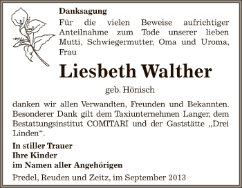 Traueranzeige von Liesbeth Walther von Super Sonntag Zeitz