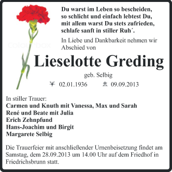 Traueranzeige von Lieselotte Greding von Super Sonntag Quedlinburg