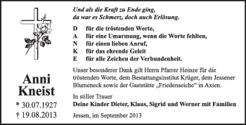 Traueranzeige von Anni Kneist von WVG - Wochenspiegel Wittenberg