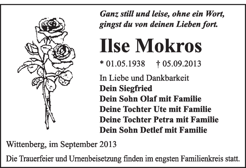  Traueranzeige für Ilse Mokros vom 15.09.2013 aus WVG - Wochenspiegel Wittenberg