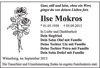 Traueranzeige von Ilse Mokros von WVG - Wochenspiegel Wittenberg