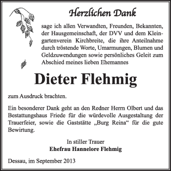 Traueranzeige von Dieter Flehmig von Super Sonntag Dessau / Köthen