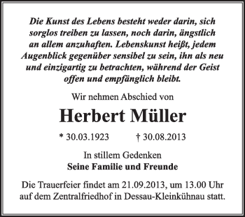 Traueranzeige von Herbert Müller von Super Sonntag Dessau / Köthen
