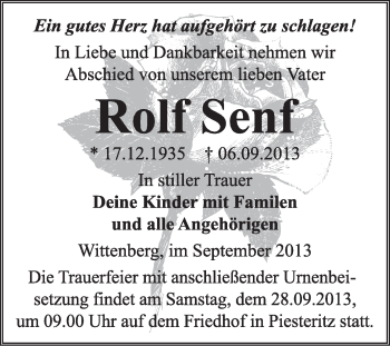 Traueranzeige von Rolf Senf von WVG - Wochenspiegel Wittenberg