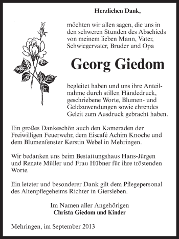 Traueranzeige von Georg Giedom von Super Sonntag Aschersleben