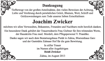 Traueranzeige von Joachim Zwicker von Super Sonntag Wittenberg