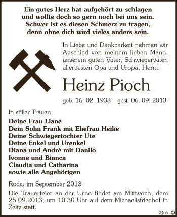Traueranzeige von Heinz Pioch von Super Sonntag Zeitz