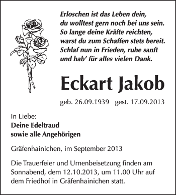 Traueranzeige von Eckart Jakob von WVG - Wochenspiegel Wittenberg