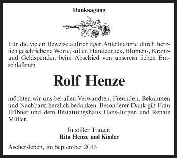 Traueranzeige von Rolf Henze von Super Sonntag Aschersleben