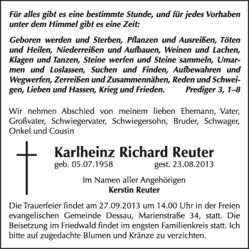 Traueranzeige von Karlheinz Richard Reuter von Super Sonntag Dessau / Köthen