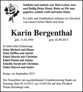 Traueranzeige von Karin Bergenthal von WVG - Wochenspiegel Wittenberg