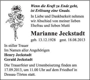 Traueranzeige von Marianne Jeckstadt von Super Sonntag Dessau / Köthen