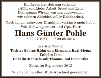Traueranzeige von Hans Günter Pohle von Super Sonntag Zeitz