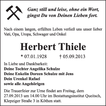 Traueranzeige von Herbert Thiele von Super Sonntag Dessau / Köthen