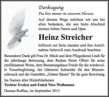 Traueranzeige von Heinz Streicher von Super Sonntag Dessau / Köthen