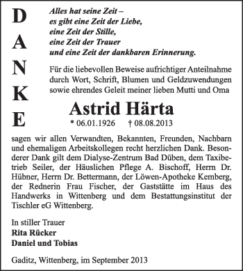 Traueranzeige von Astrid Härta von WVG - Wochenspiegel Wittenberg