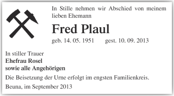 Traueranzeige von Fred Plaul von Super Sonntag Merseburg