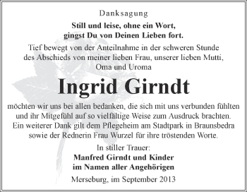 Traueranzeige von Ingrid Girndt von WVG - Wochenspiegel Merseburg