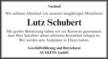 Traueranzeige von Lutz Schubert von WVG - Wochenspiegel Aschersleben
