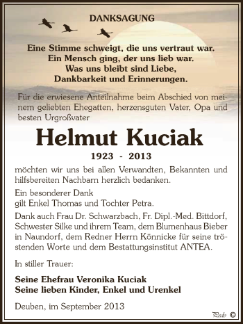 Traueranzeige von Helmut Kuciak von Super Sonntag Zeitz