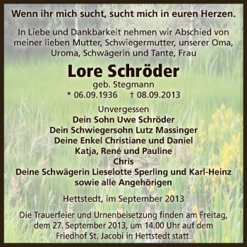 Traueranzeige von Lore Schröder von Wochenspiegel Mansfelder Land