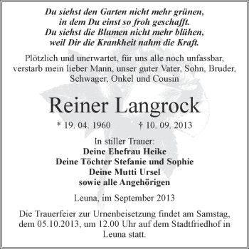 Traueranzeige von Reiner Langrock von Super Sonntag Merseburg