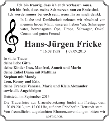 Traueranzeige von Hans-Jürgen Fricke von Super Sonntag SGH Mansf. Land