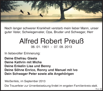 Traueranzeige von Alfred Robert Preuß von WVG - Wochenspiegel NMB / WSF / ZTZ