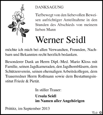 Traueranzeige von Werner Seidl von WVG - Wochenspiegel NMB / WSF / ZTZ