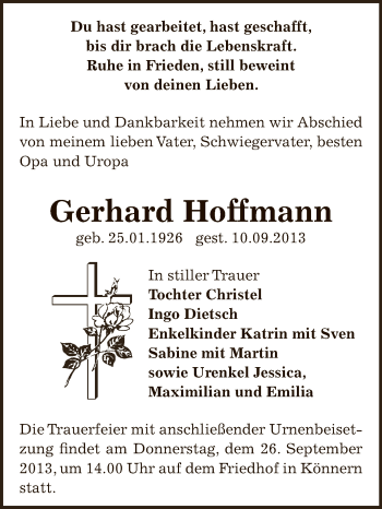 Traueranzeige von Gerhard Hoffmann von Super Sonntag Bernburg