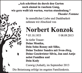 Traueranzeige von Norbert Konzok von Super Sonntag Dessau / Köthen