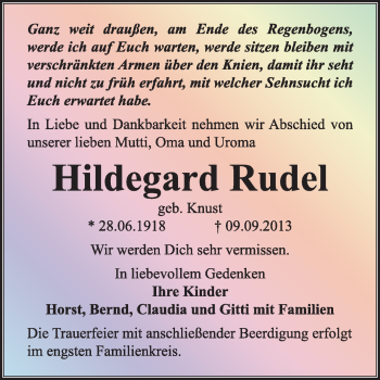 Traueranzeige von Hildegard Rudel von Super Sonntag Dessau / Köthen